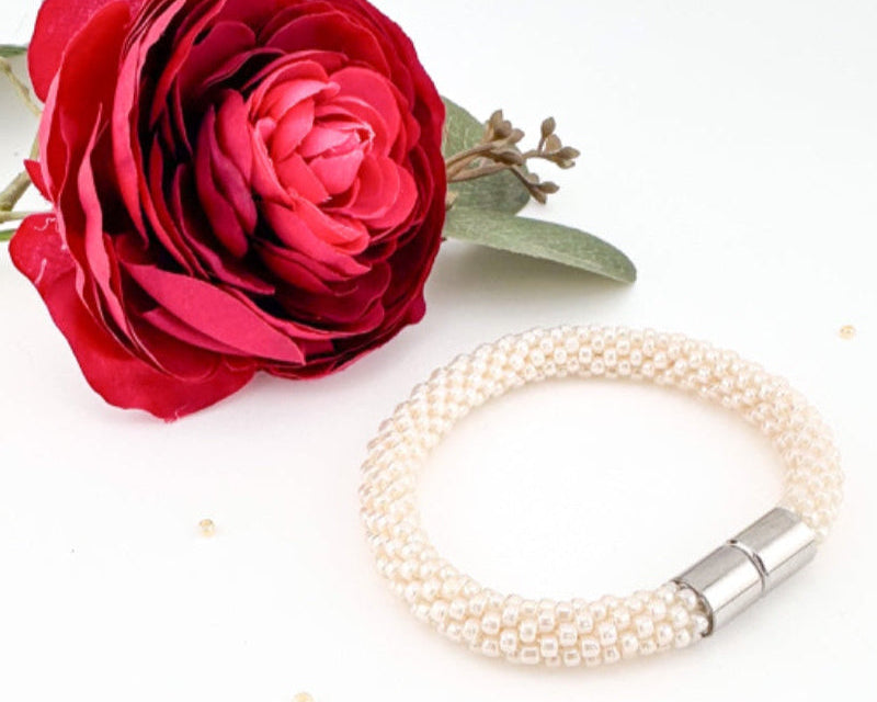 Beige Beaded crochet Bracelet - Handmade Boho Jewelry gift for her