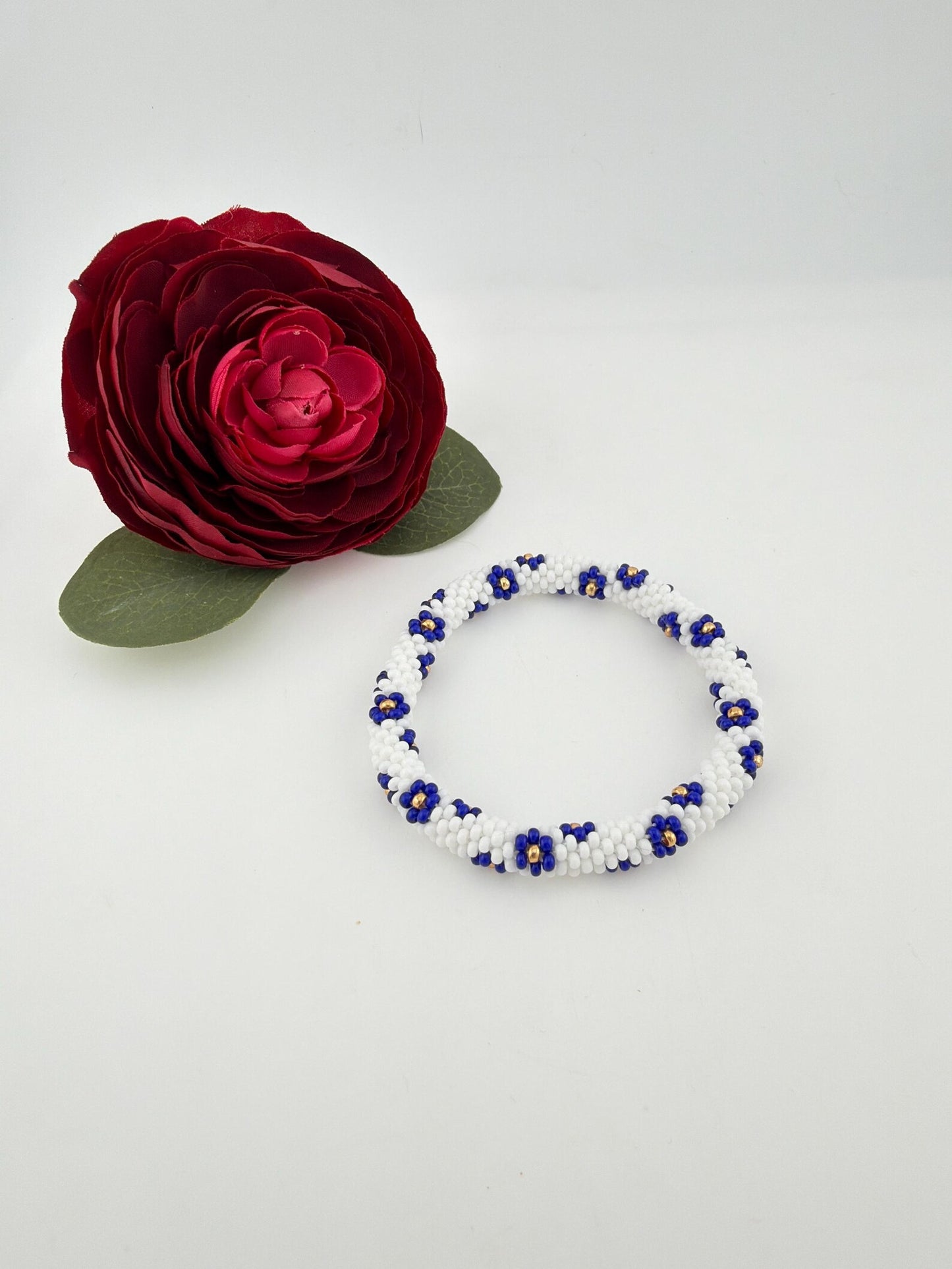 Beaded crochet Bracelet with Flowers - Handmade Boho Jewelry gift for her