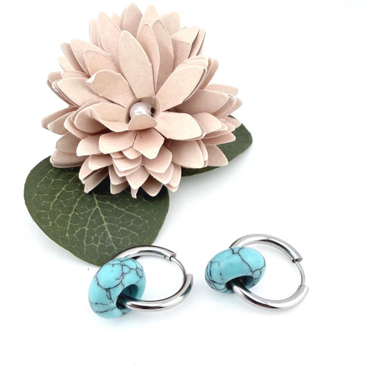 Donut gemstone Blue Turquoise Hoop earrings, Minimalist Handmade Boho Jewelry, Healing Stone earrings, Natural Crystal Hoops, gift for her