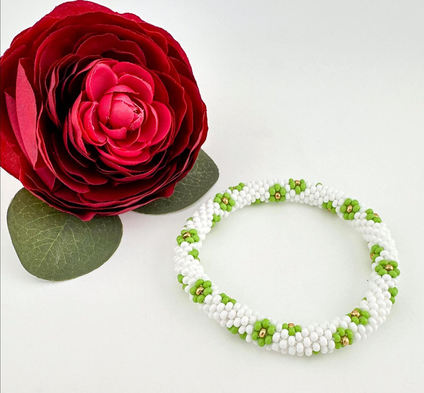Beaded crochet Bracelet with Flowers - Handmade Boho Jewelry gift for her