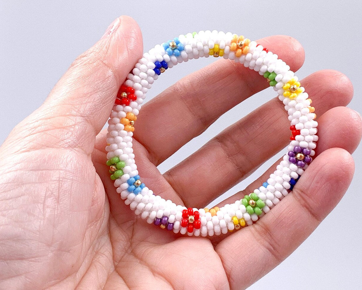 Beaded crochet Bracelet with Flowers - Handmade Boho Jewelry gift for her