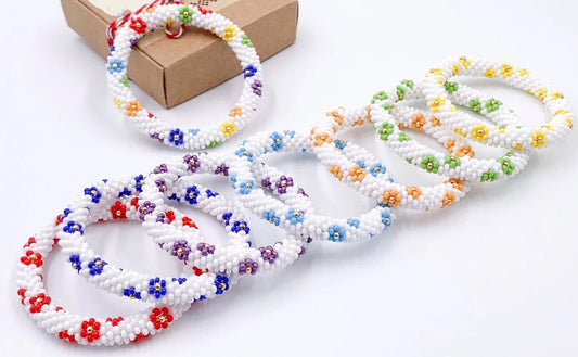 Beaded crochet Bracelet with Flowers - Handmade Boho Jewelry gift for her