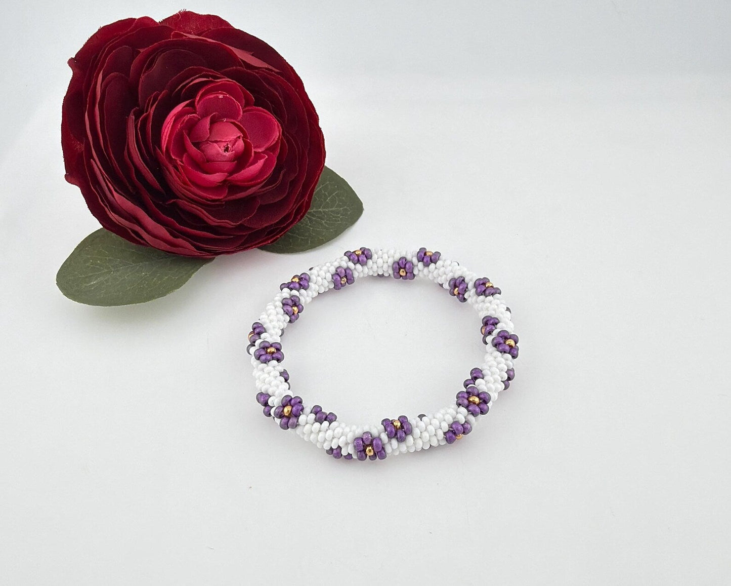 Beaded crochet Bracelet with Flowers - Handmade Boho Jewelry gift for her