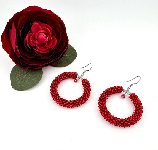 Red Beaded crochet hoop Earrings, Geometric Earrings women Gift