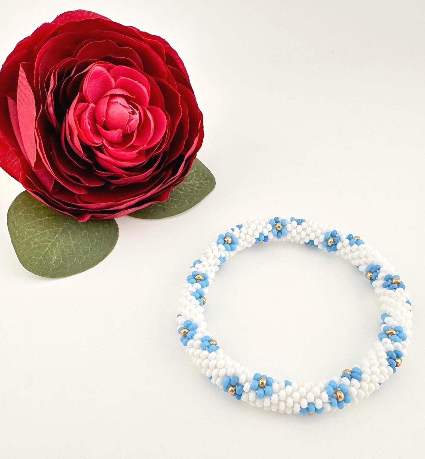 Beaded crochet Bracelet with Flowers - Handmade Boho Jewelry gift for her