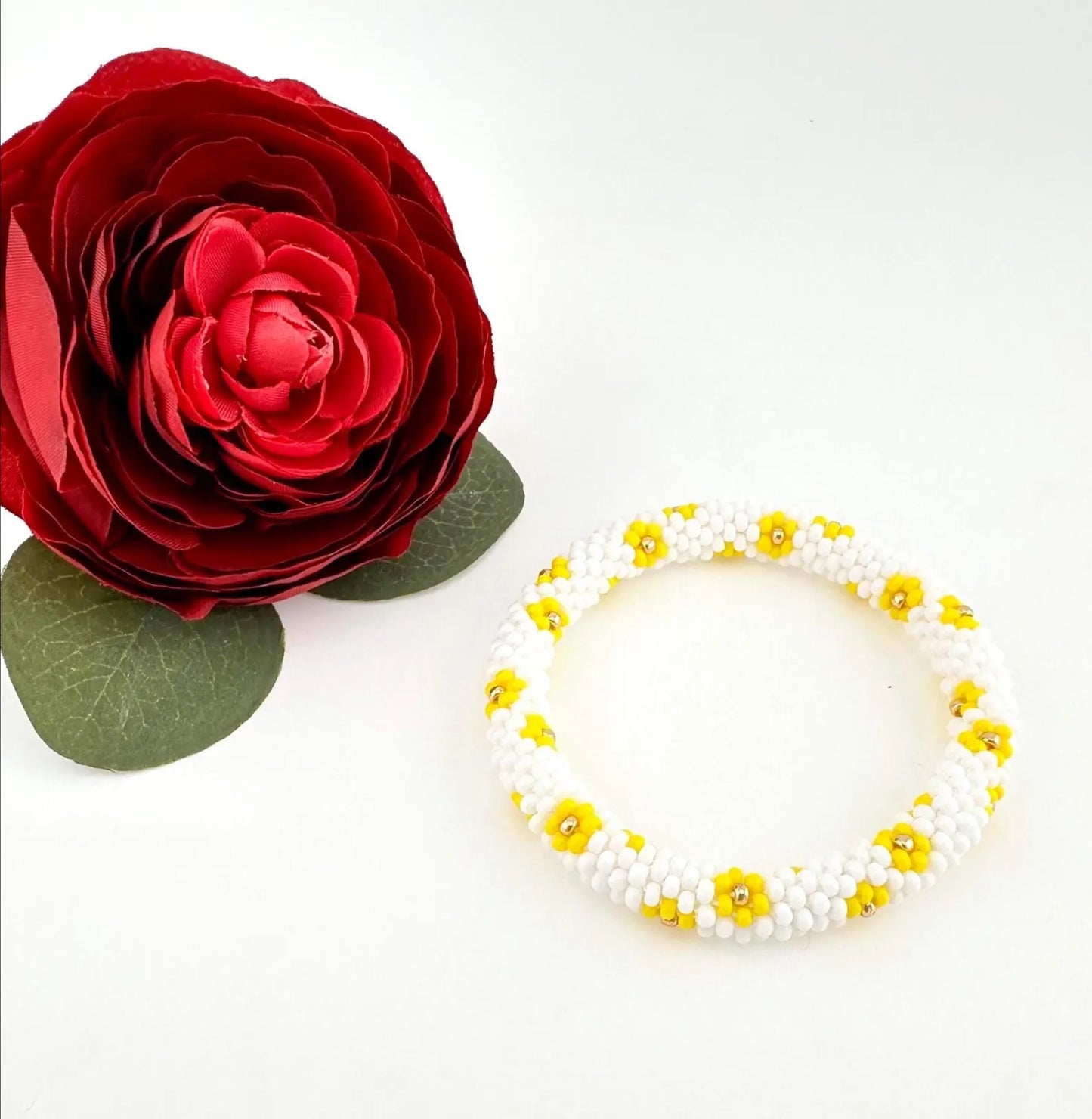 Beaded crochet Bracelet with Flowers - Handmade Boho Jewelry gift for her