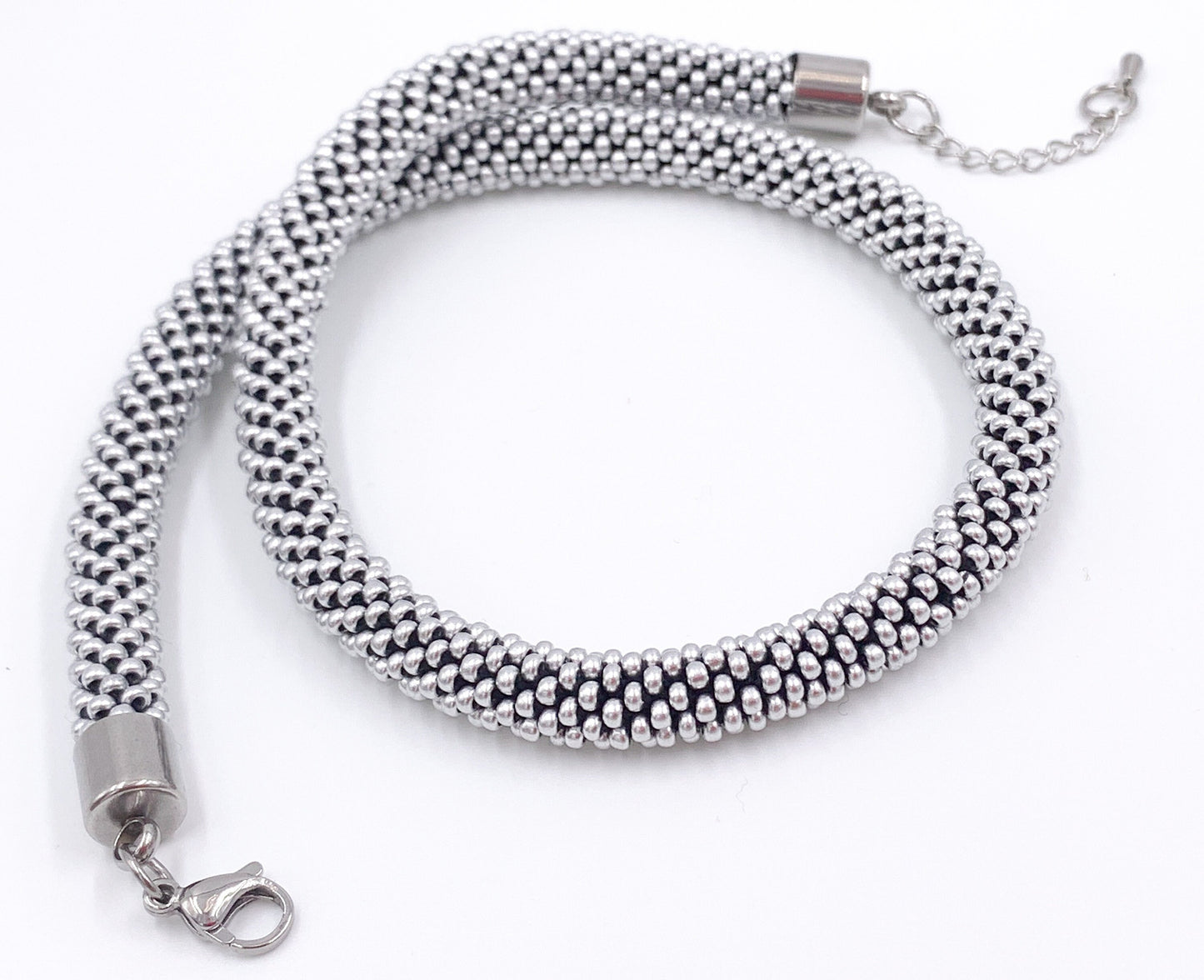 Silver Beaded crochet Necklace - Handmade Boho Jewelry gift for her